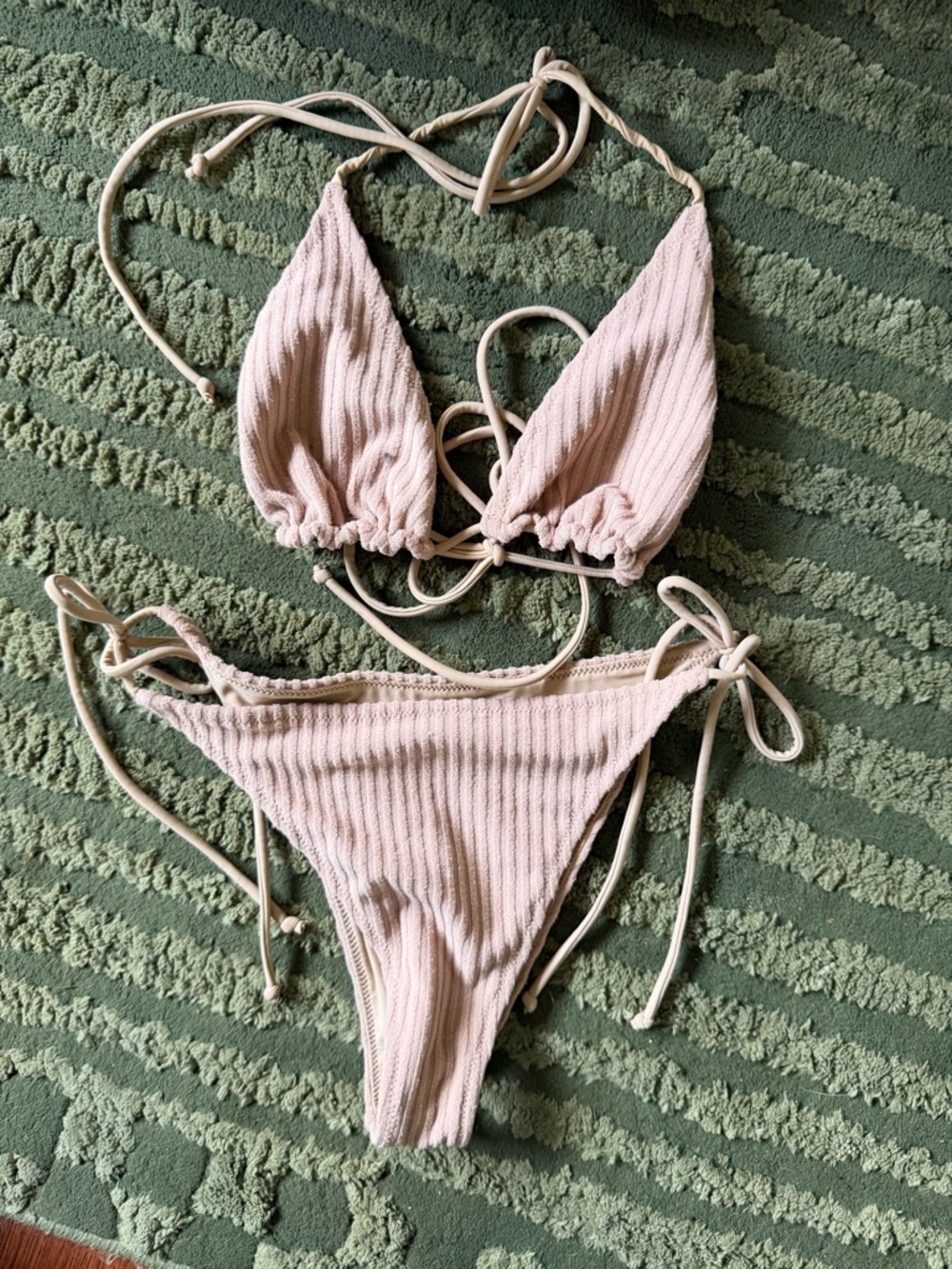 Ribbed Tie-Side Triangle Bikini Set — Blush